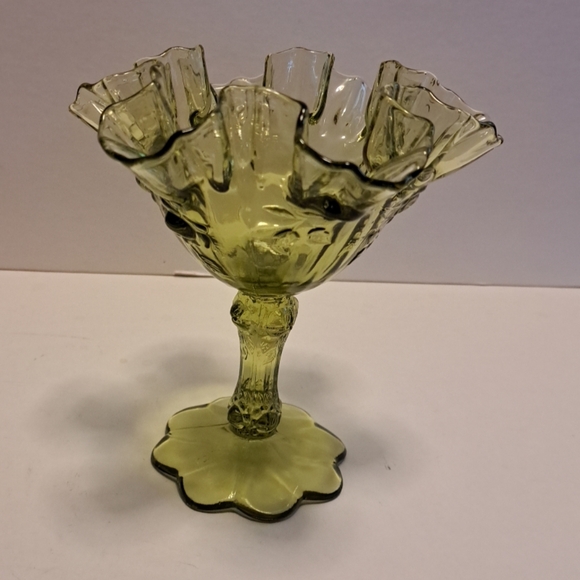 Fenton vintage green glass ruffled cabbage rose candy dish 6.25" tall - Picture 3 of 5